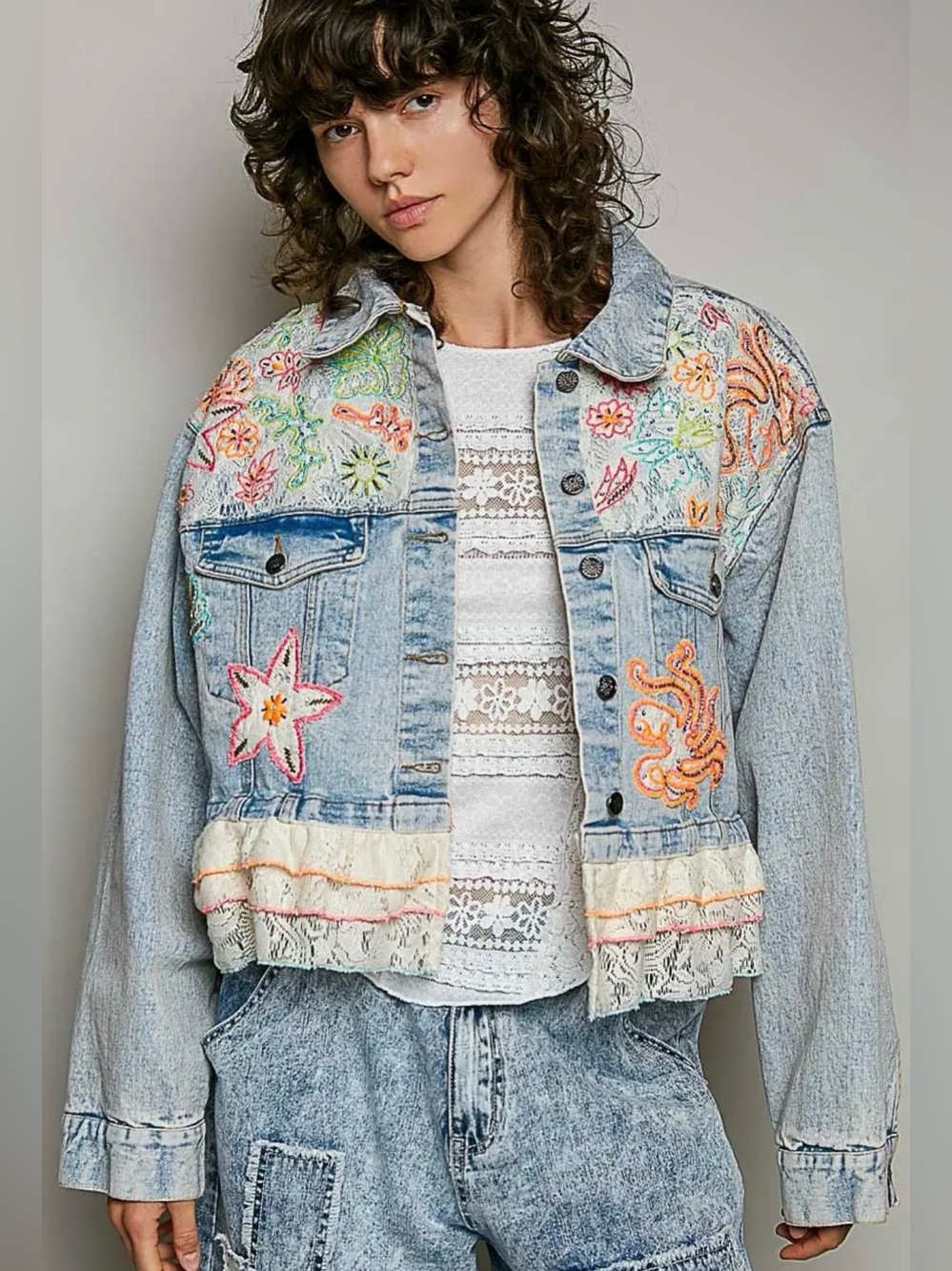 POL Embroidered Light Wash Denim Jacket with Lace Trim